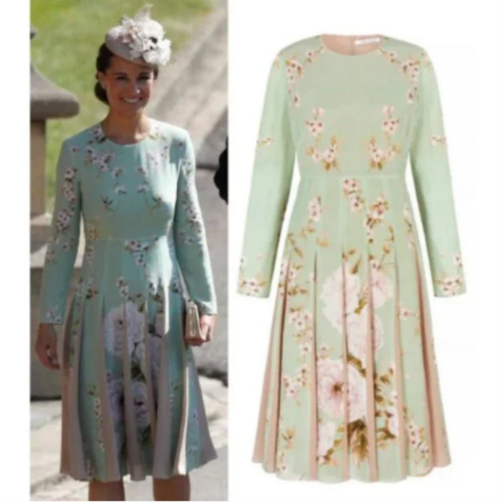 The Fold London Hepburn Green Floral Print Silk Pleated Dress